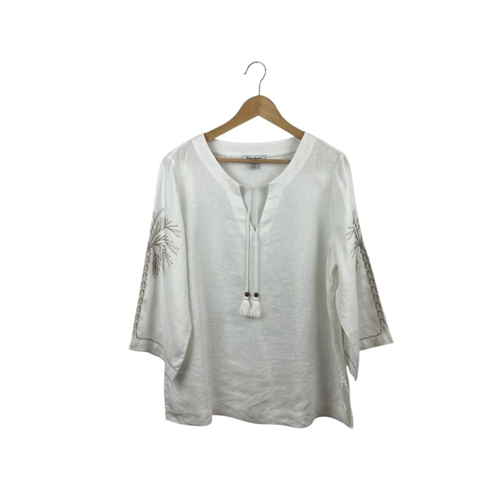 Tommy Bahama Linen Breezy Palms Embroidered Split V-Neck Tassel Tunic Sz M - Picture 6 of 13